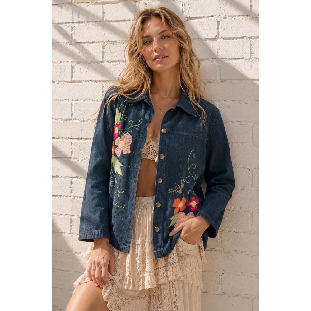 Vintage‎ Tapestry Blue Cotton Denim Embroidered Floral Bee Jacket CottageCore M